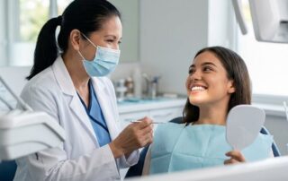 Smiling patient consulting with dentist about porcelain veneers cost in Woodbridge VA