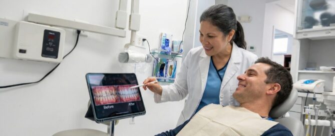 Dentist showing digital smile makeover preview at Woodbridge VA dental clinic