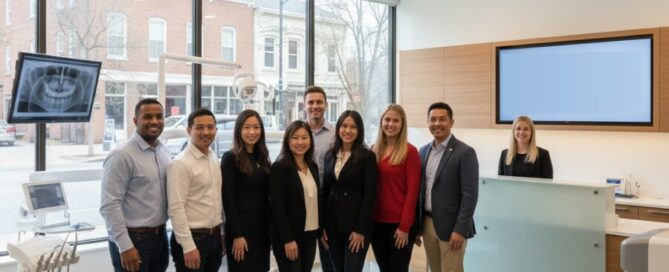Smiling adults in modern Alexandria dental office