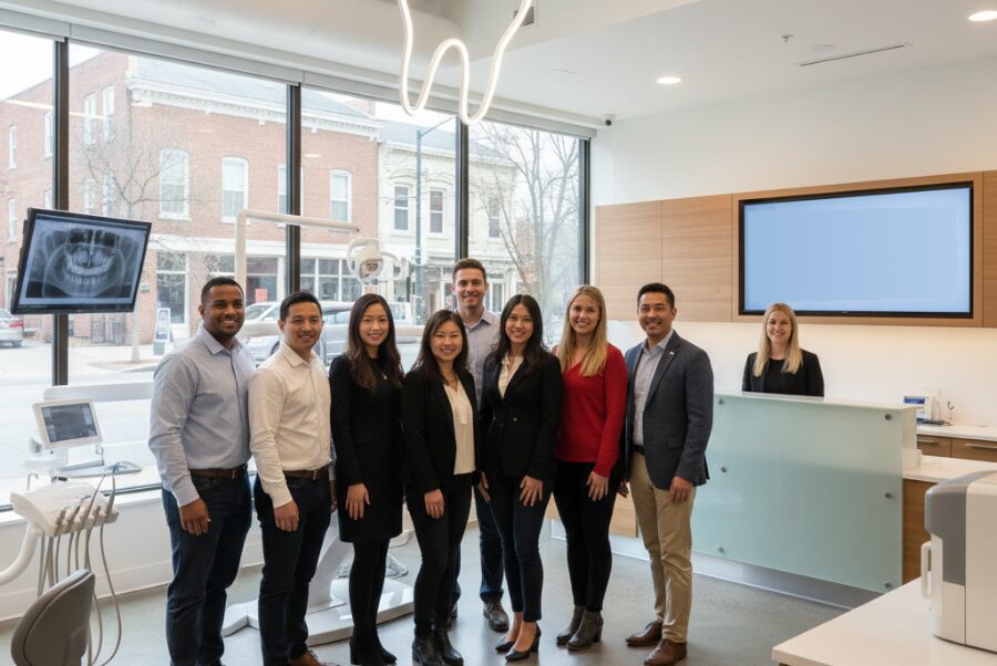 Smiling adults in modern Alexandria dental office