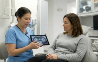 Dentist in Woodbridge VA explaining wisdom teeth X-ray to patient