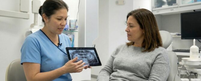 Dentist in Woodbridge VA explaining wisdom teeth X-ray to patient