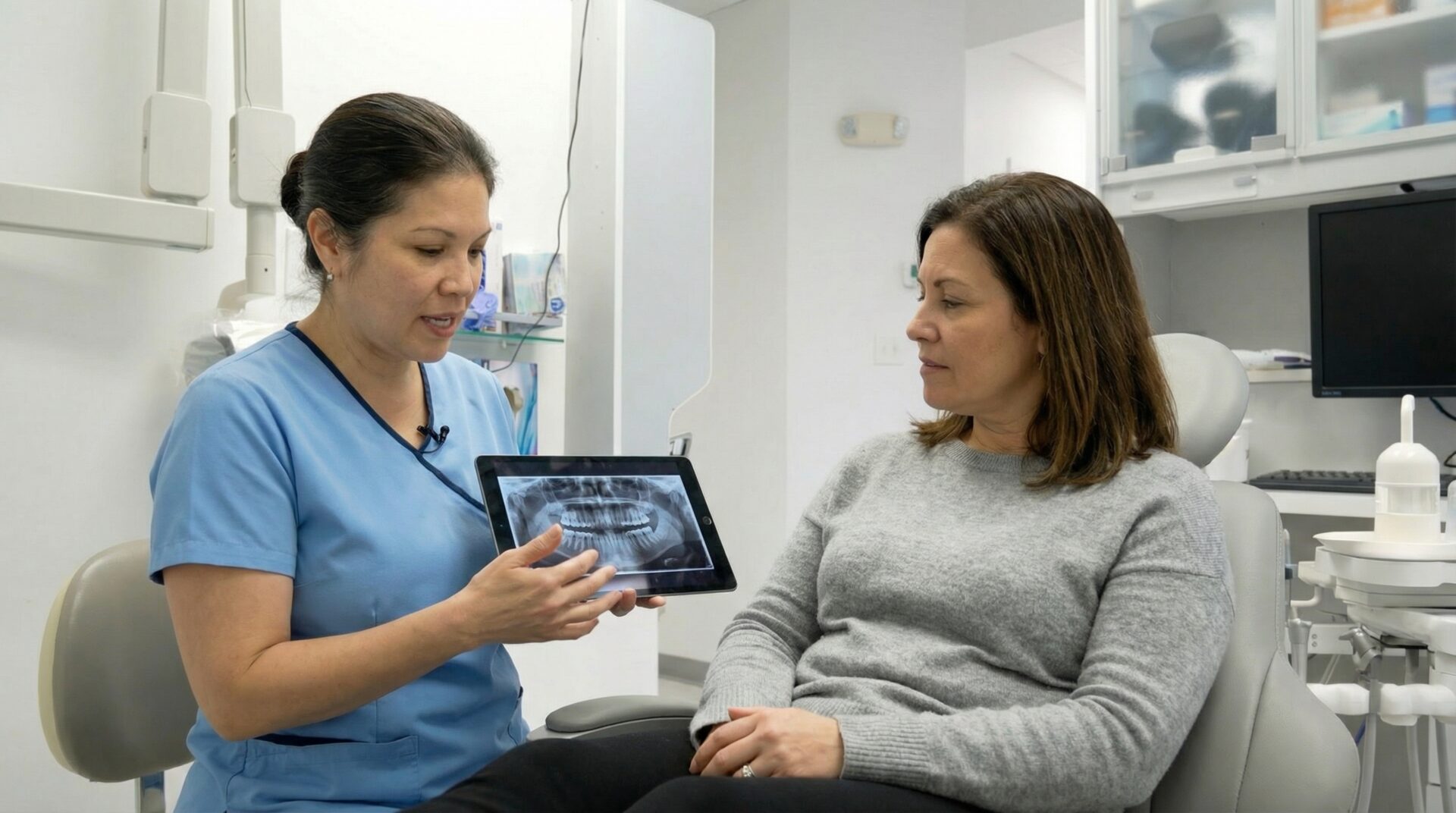 Dentist in Woodbridge VA explaining wisdom teeth X-ray to patient