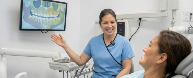 Friendly dentist in Alexandria VA discussing dental filling options in a warm and modern dental office