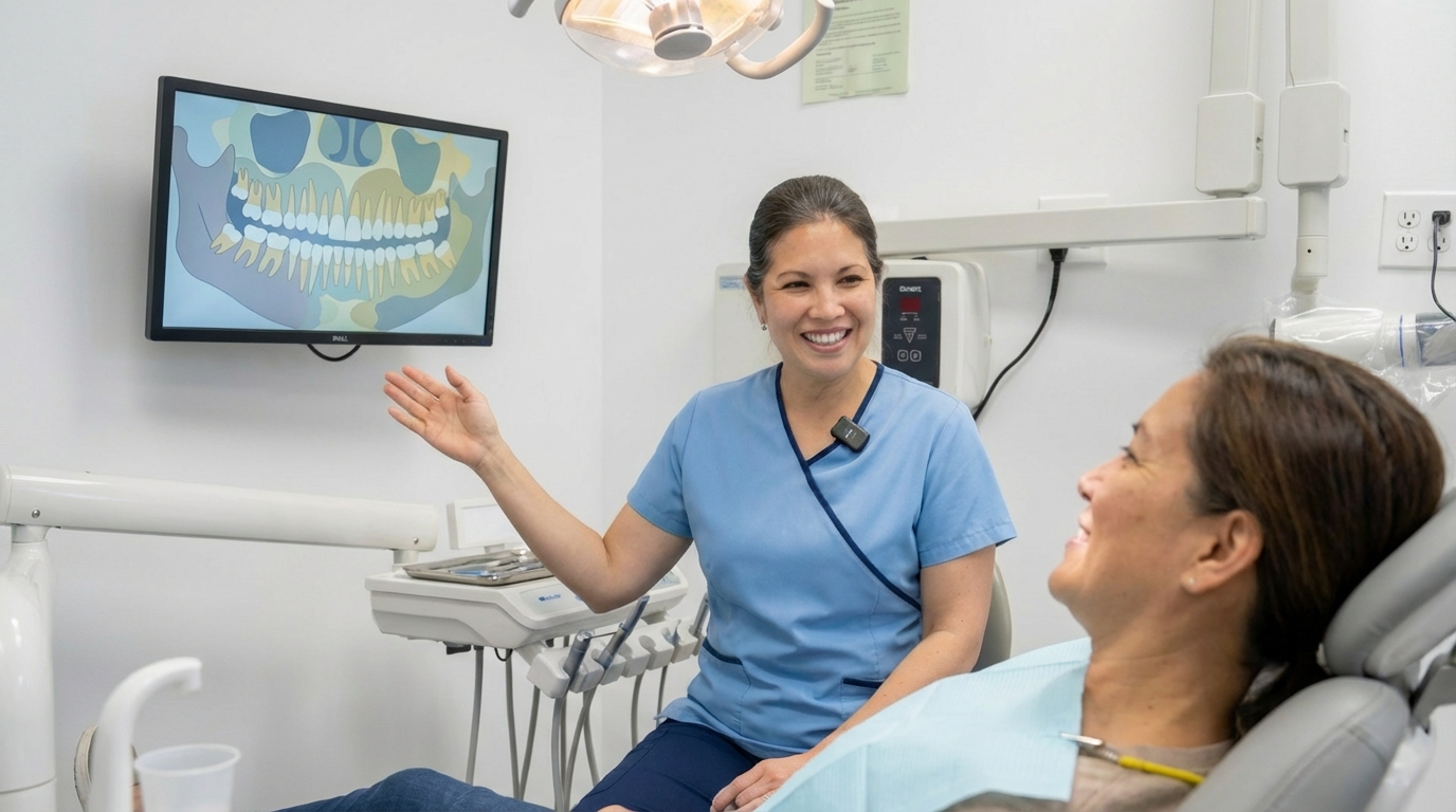 dentist-office-alexandria-va-dental-fillings Friendly dentist in Alexandria VA discussing dental filling options in a warm and modern dental office