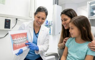 Dentist showing braces options to a child and parent during an orthodontic visit in Woodbridge VA.