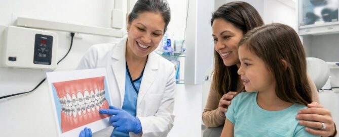 Dentist showing braces options to a child and parent during an orthodontic visit in Woodbridge VA.