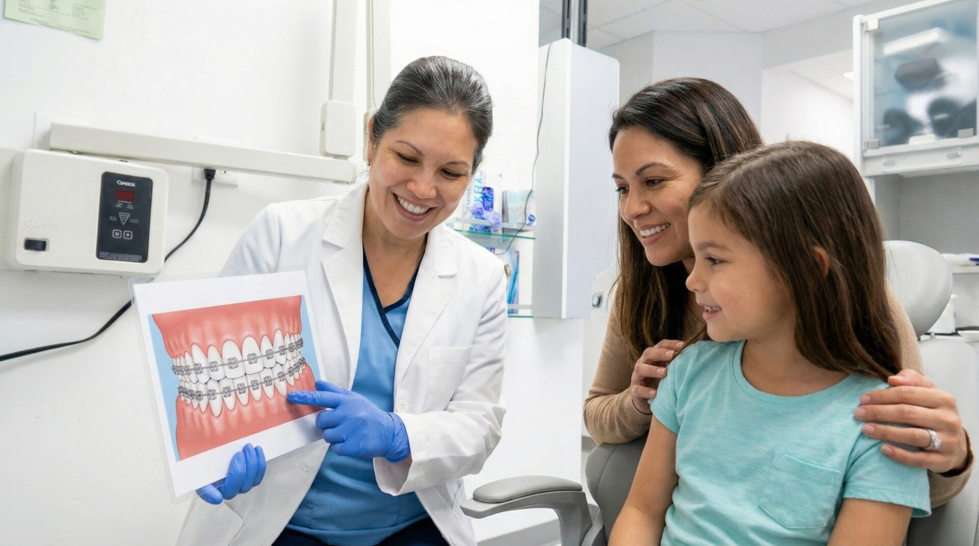 Dentist showing braces options to a child and parent during an orthodontic visit in Woodbridge VA.
