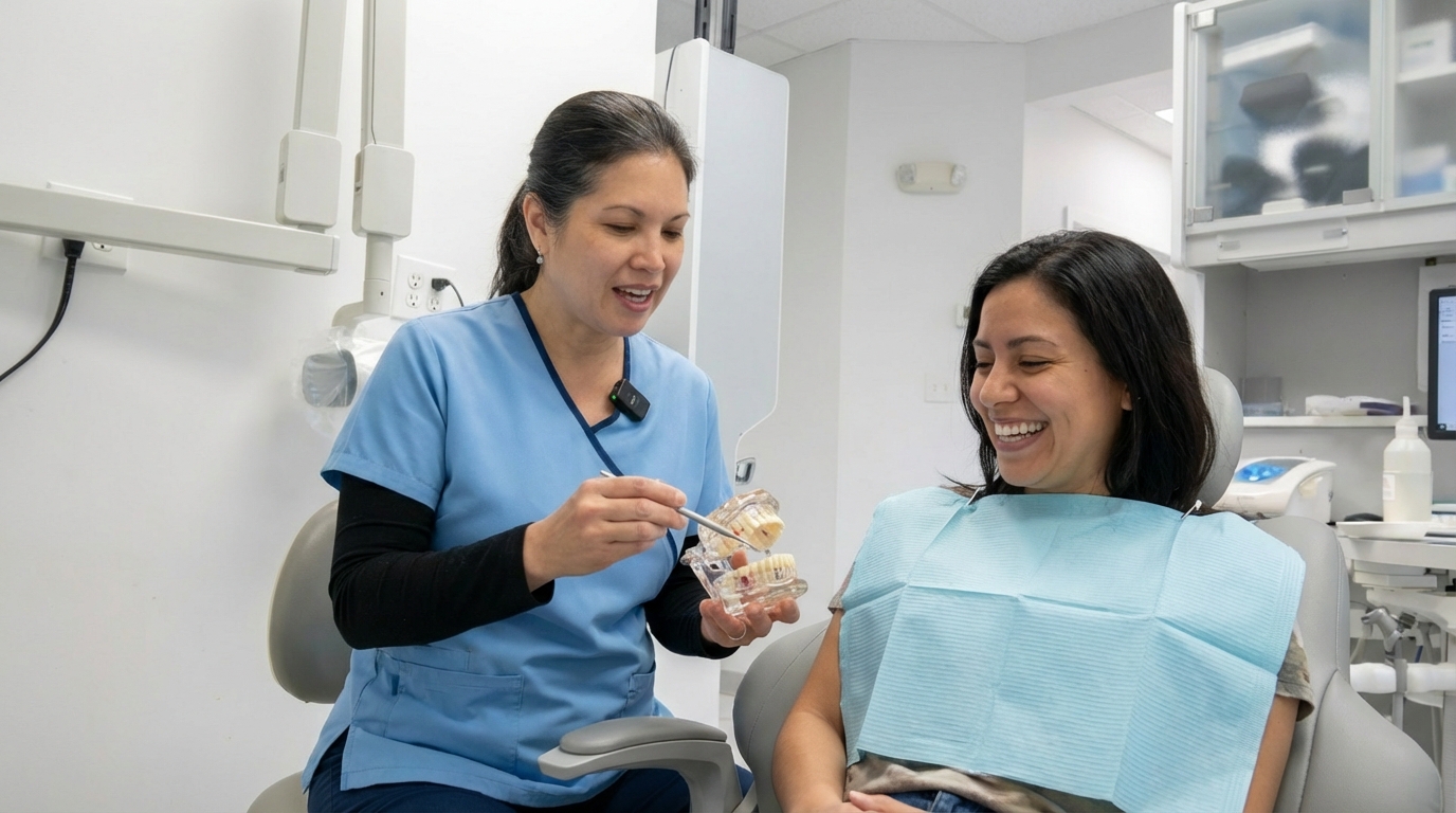 affordable-veneers-options-woodbridge-va-consult Smiling patient consulting dentist about affordable veneers options in Woodbridge VA