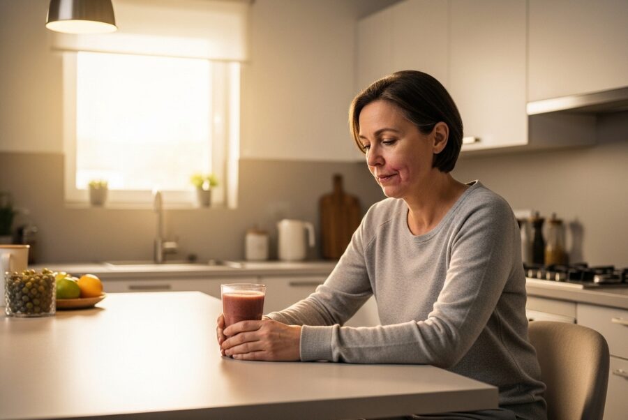 Patient following diet after jaw surgery Woodbridge VA with protein smoothie during recovery