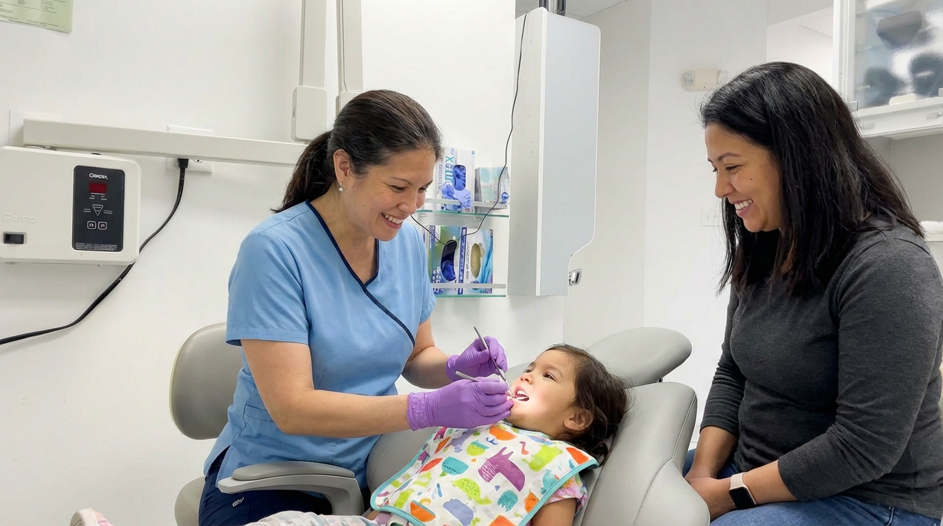 dentist performing preventive dental exam for child in Woodbridge VA