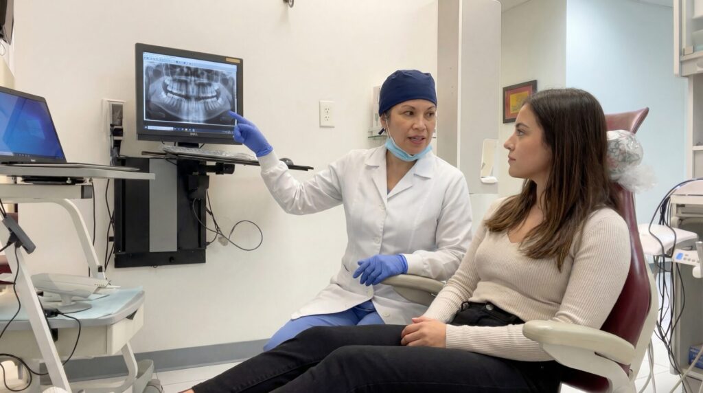 Dentist reviewing wisdom teeth X-ray in Woodbridge VA dental office