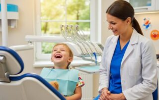 pediatric dentist with child patient and parent in Woodbridge VA dental clinic