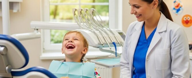 pediatric dentist with child patient and parent in Woodbridge VA dental clinic