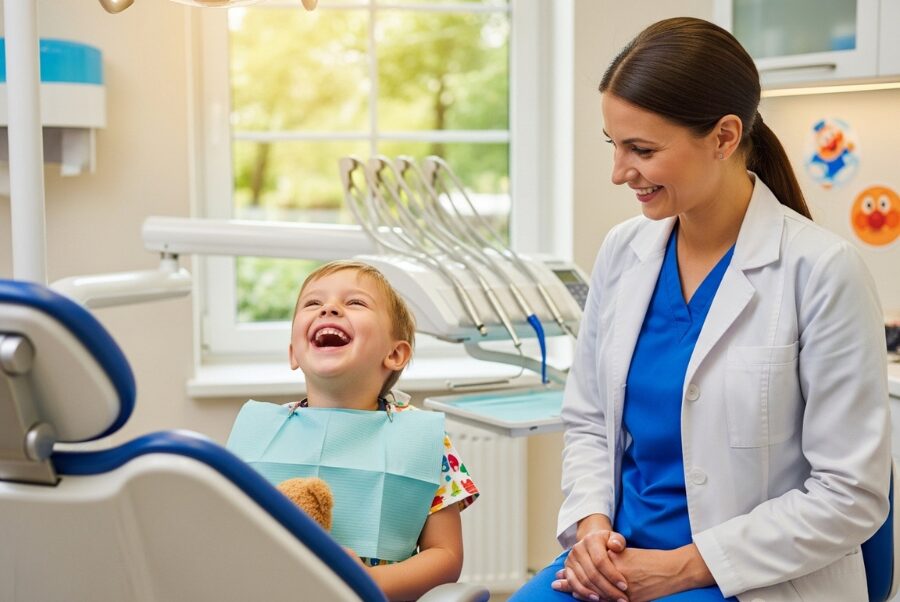 pediatric-orthodontics-woodbridge-va-comfort pediatric dentist with child patient and parent in Woodbridge VA dental clinic