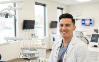 Smiling young professional at Woodbridge VA dental clinic showing porcelain veneers