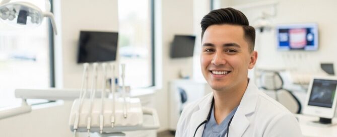 Smiling young professional at Woodbridge VA dental clinic showing porcelain veneers