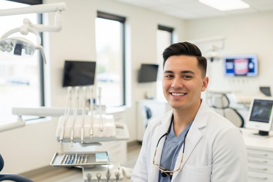 Smiling young professional at Woodbridge VA dental clinic showing porcelain veneers