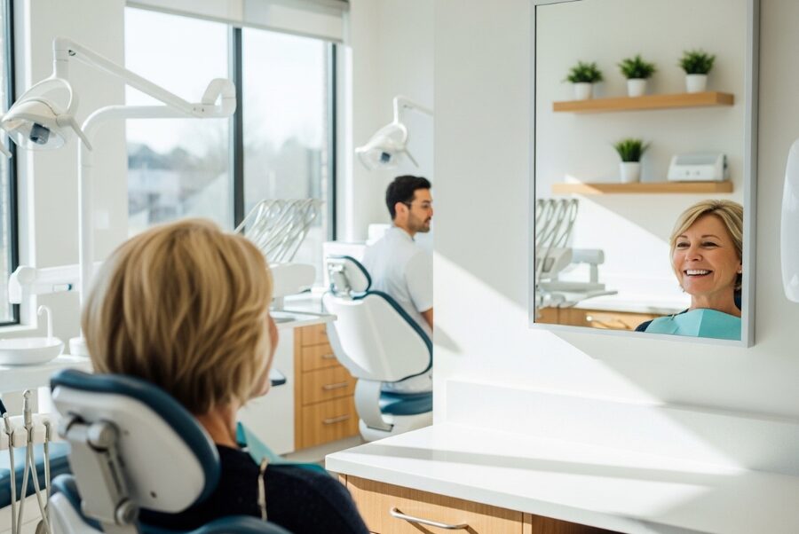 smile design services Woodbridge VA patient smiling in dental clinic